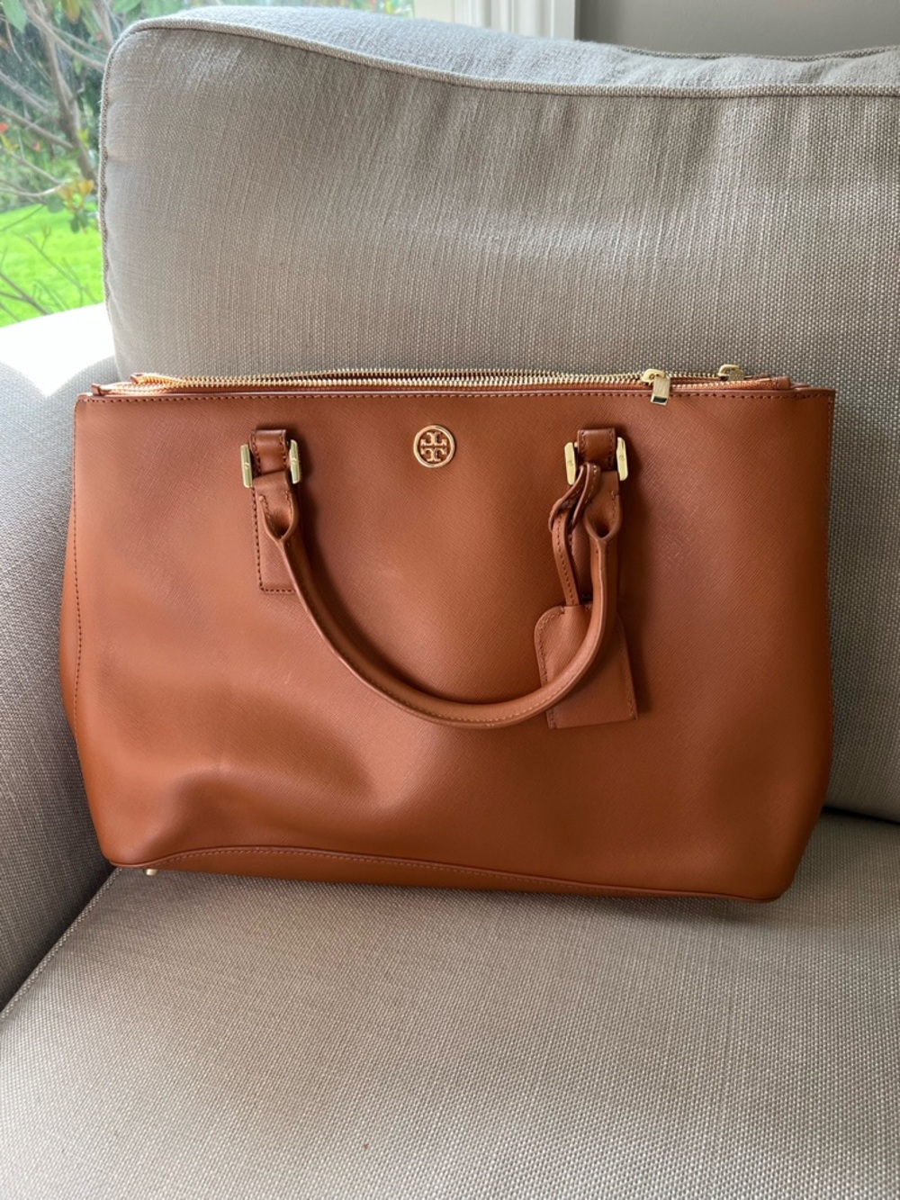 Tory Burch Leather Tote in Saddle/Cognac
